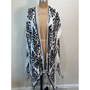 Breezy Lane Women Black White Damask Ikat Print Tassel Kimono Wrap Coverup NWT